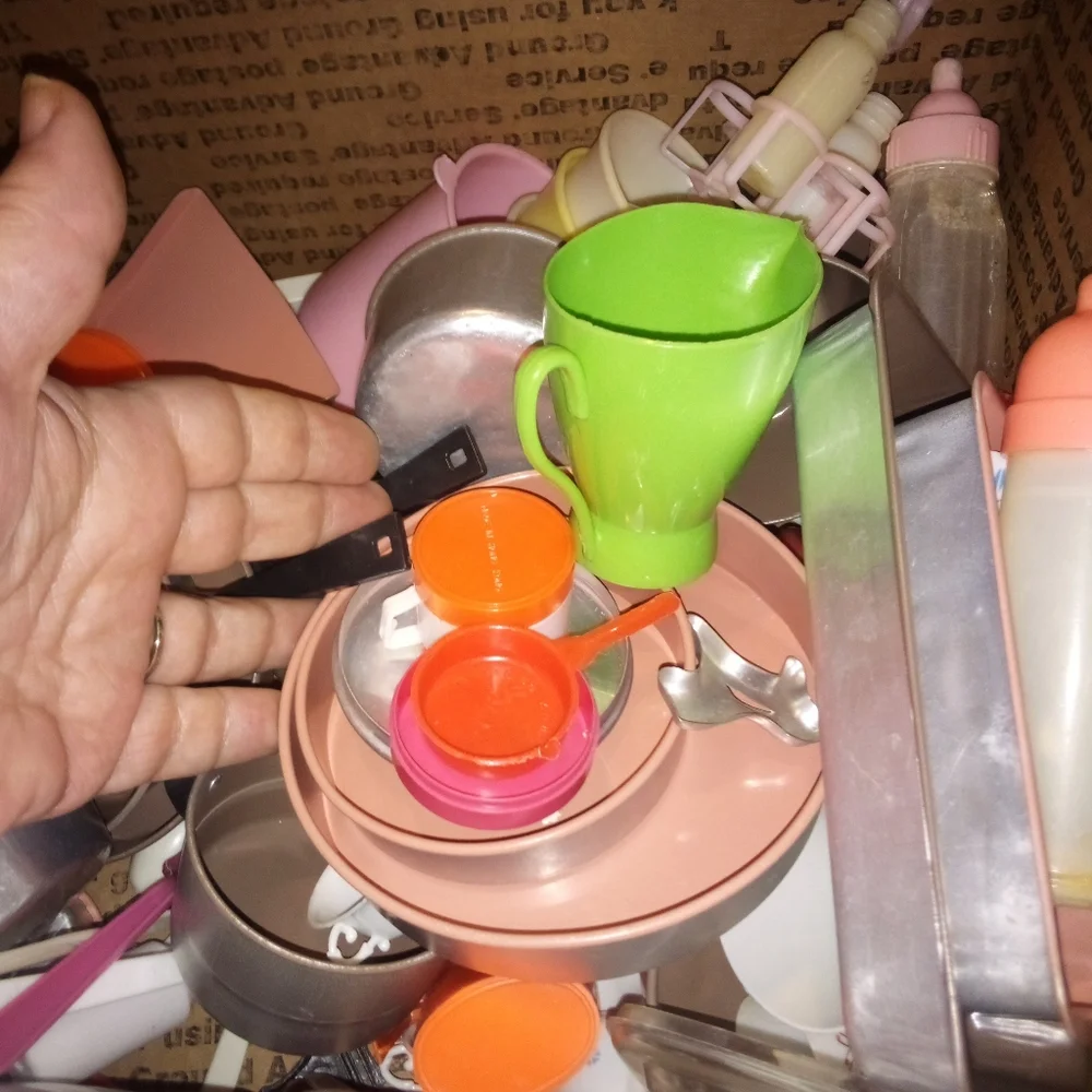 Box Lot Of Vintage Toy Dishes Pots Pans Dollhouse Playset